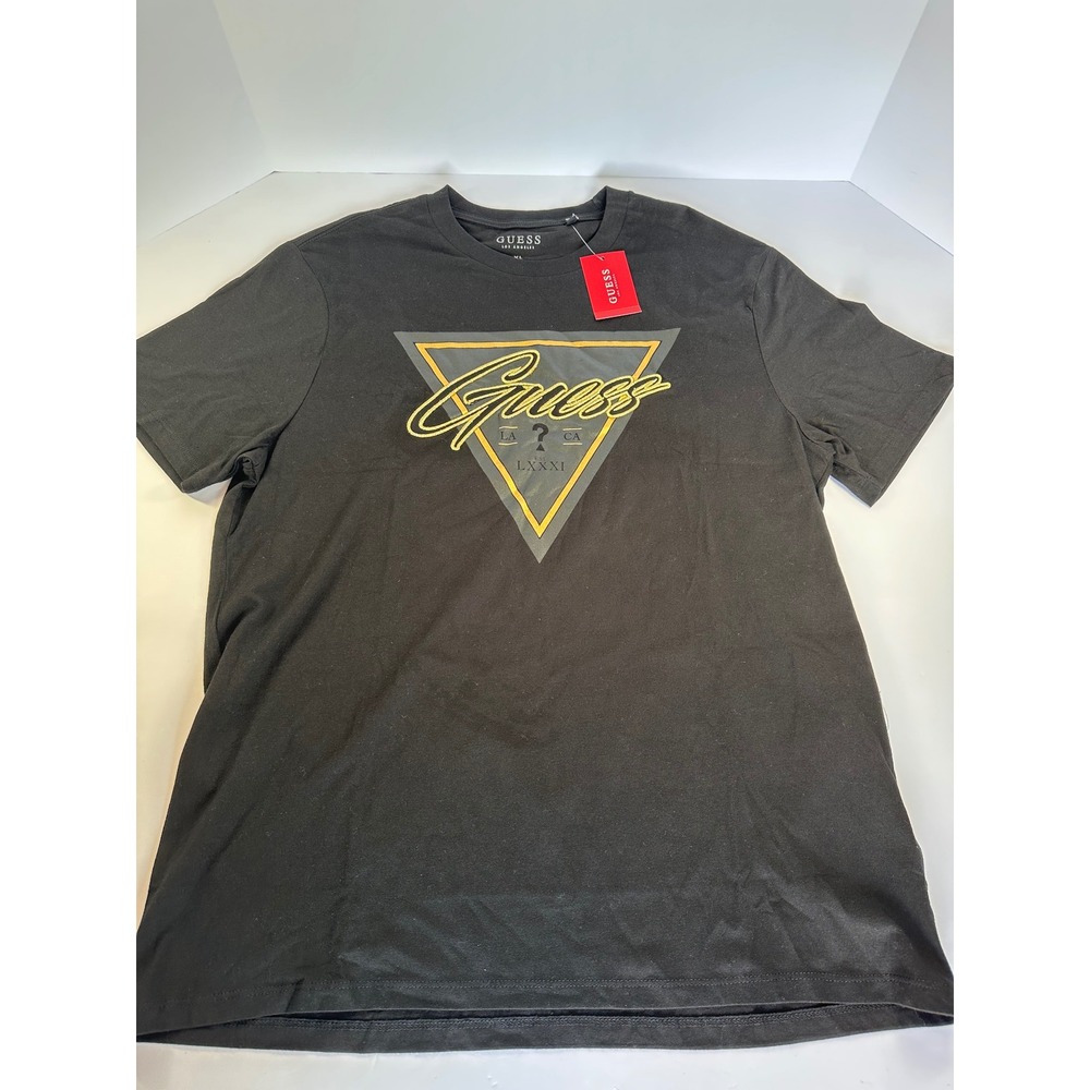 GUESS T-Shirt Mens‎ XL Black Gold Logo LA CA Est LXII Graphic Crew Neck Top